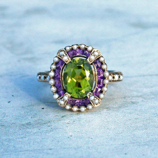 9ct Gold Peridot Amethyst Seed Pearl Ring