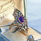Edwardian style 9ct Gold Amethyst Peridot & Pearl Navette Ring
