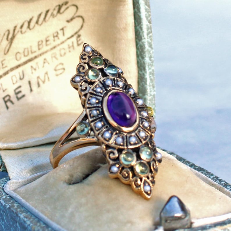 Edwardian style 9ct Gold Amethyst Peridot & Pearl Navette Ring