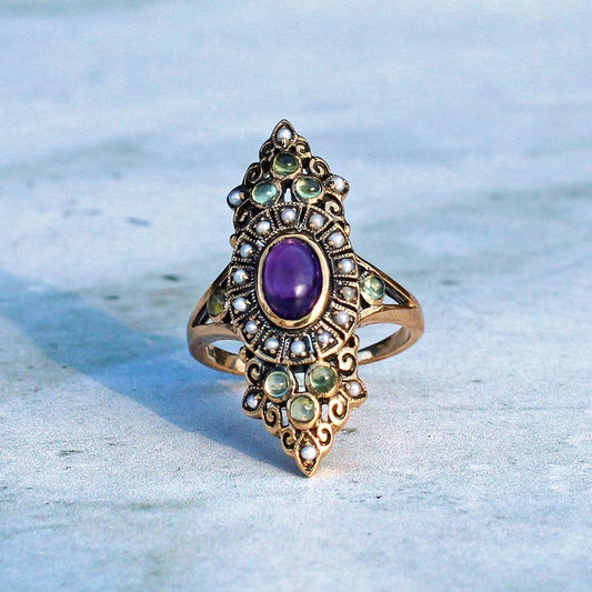 Edwardian style 9ct Gold Amethyst Peridot & Pearl Navette Ring