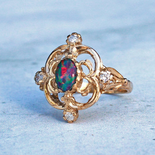 9ct Gold Black Opal & Diamond Ring