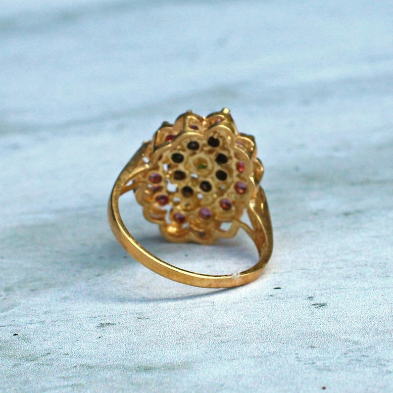 Chunky Solid Silver Ruby, Sapphire & Emerald Cluster Ring
