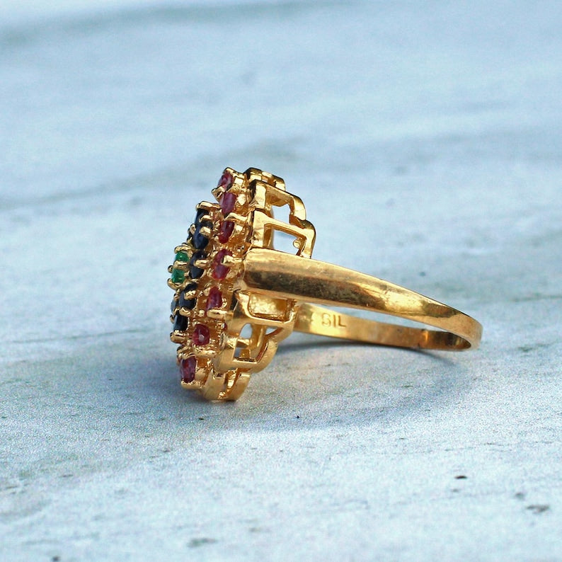 Chunky Solid Silver Ruby, Sapphire & Emerald Cluster Ring