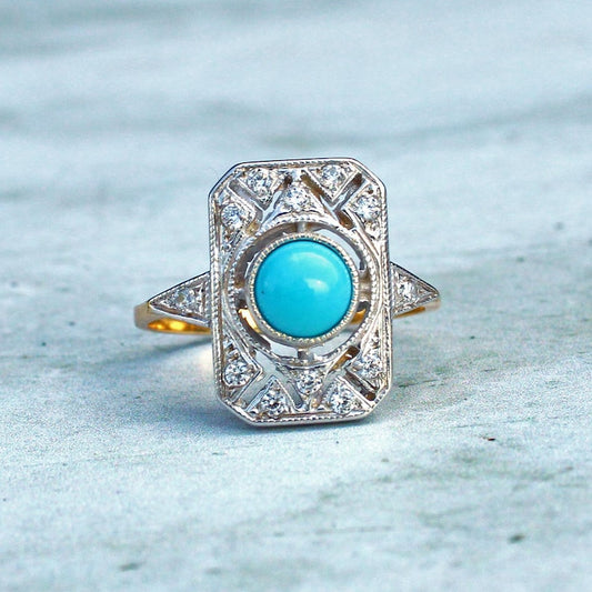 Art Deco style Solid Silver Turquoise Cabochon Panel Ring