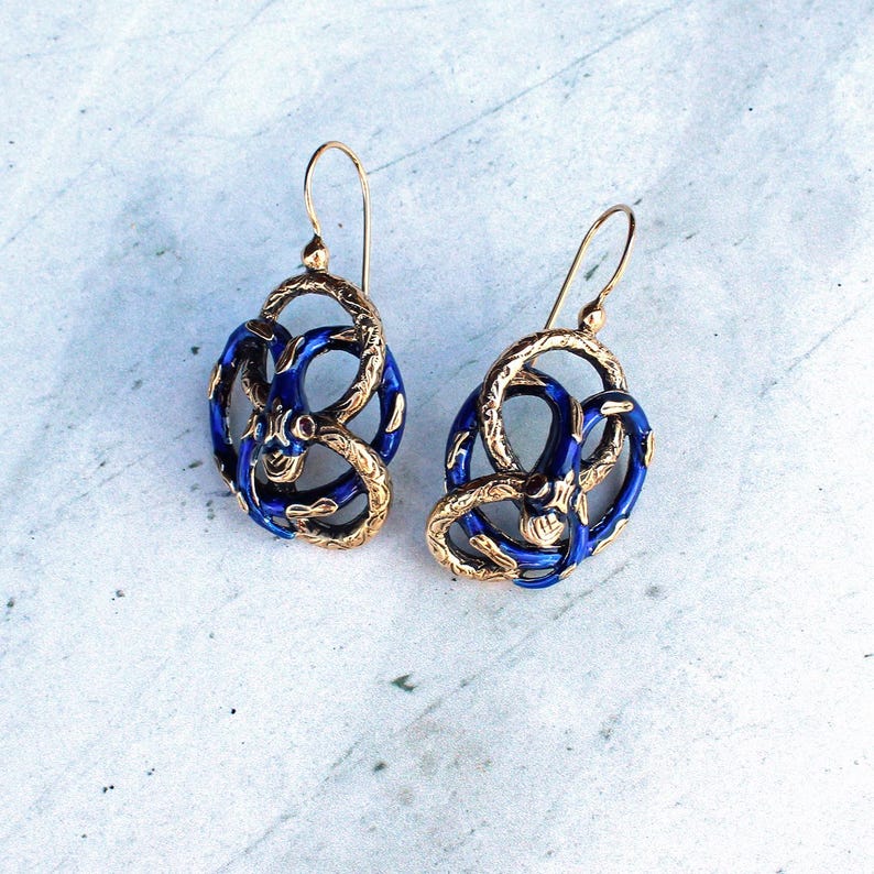 9ct Gold Blue Enamel Ruby Snake Earrings