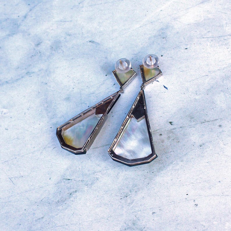 Art Deco style 14ct Gold & Silver Onyx Emerald Diamond & Pearl Earrings