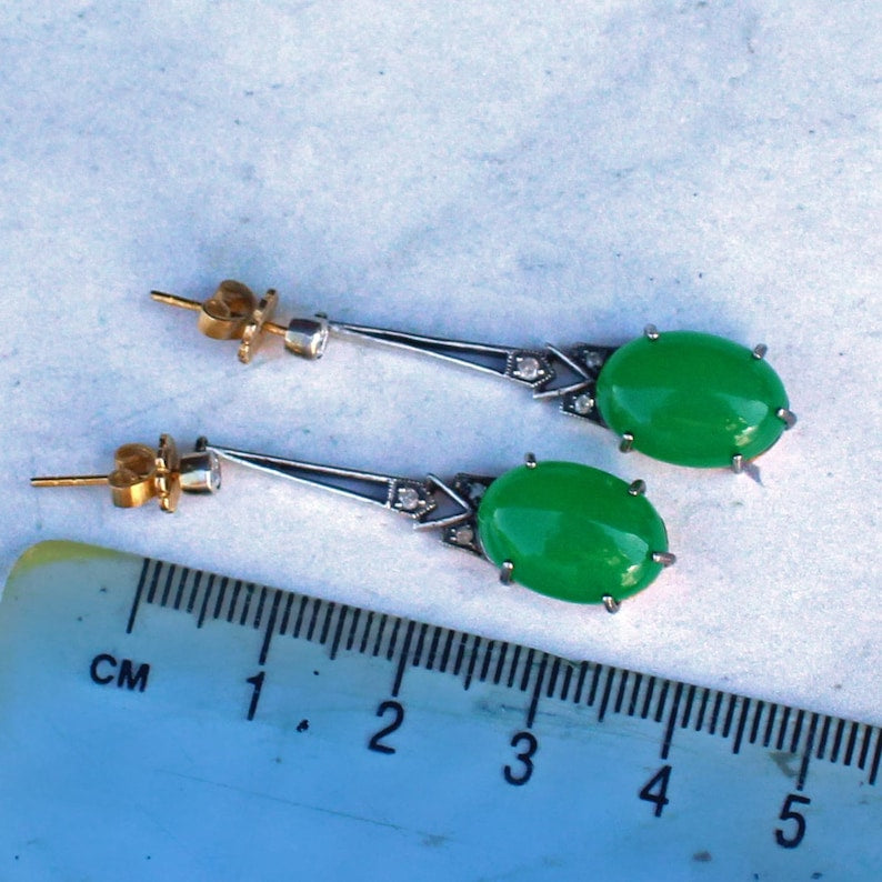 9ct Gold & Silver Jade & Diamond Long Drop Earrings