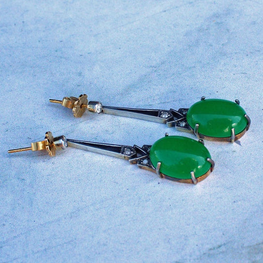 9ct Gold & Silver Jade & Diamond Long Drop Earrings