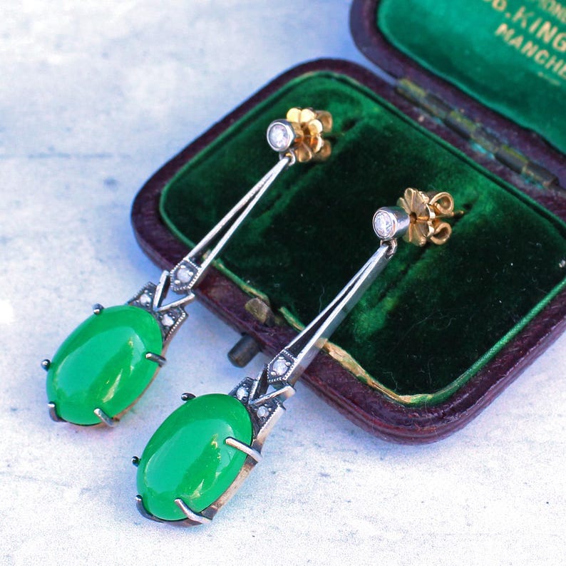 9ct Gold & Silver Jade & Diamond Long Drop Earrings