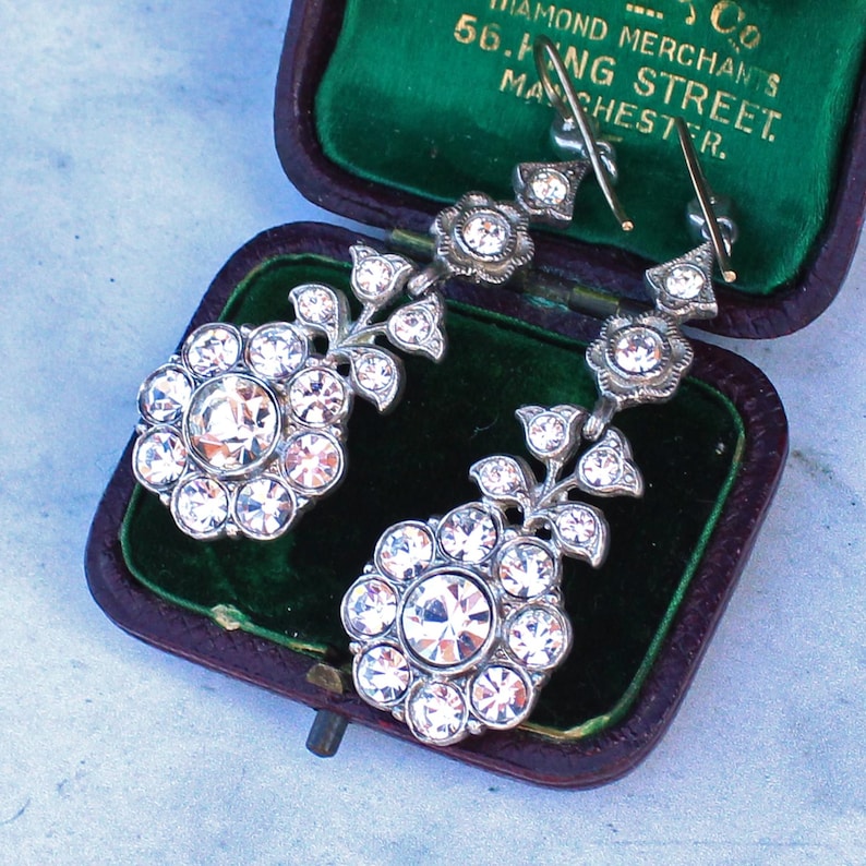 9ct & Silver Crystal Cluster Drop Earrings