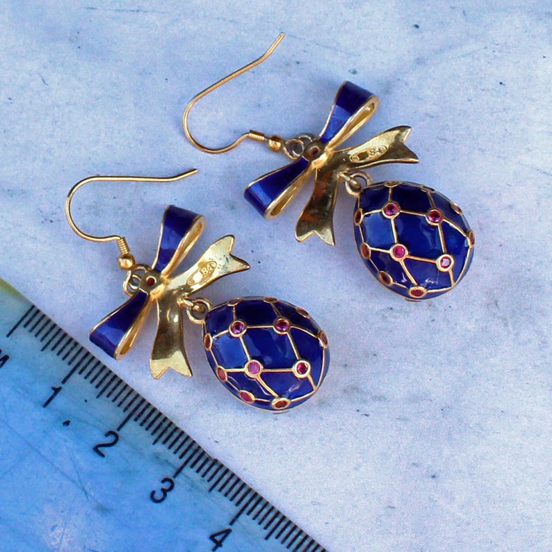 Silver Gilt Blue Enamel & Ruby Egg Earrings