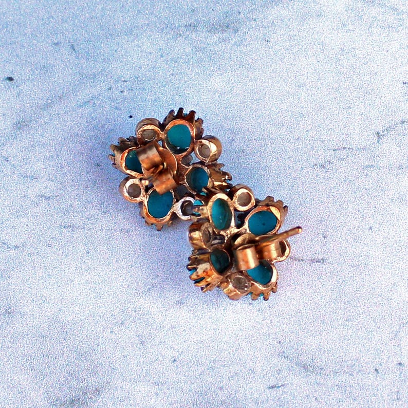 9ct Gold Turquoise & Pearl Cluster Earrings