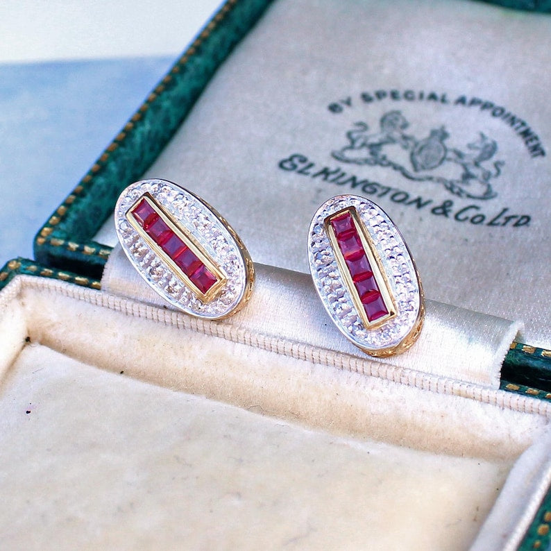 9ct Gold Art Deco style Ruby & Diamond Earrings