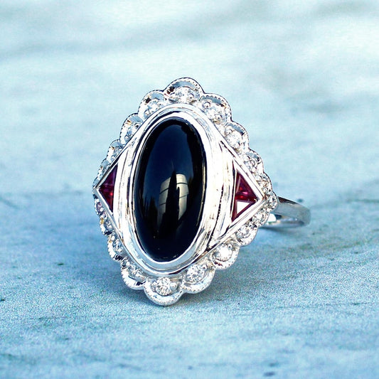 Art Deco style 9ct White Gold Onyx Ruby & Diamond Ring