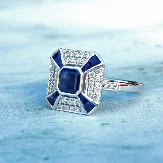 Art Deco style 9ct White Gold Sapphire & Diamond Ring