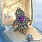 Edwardian style 9ct Gold Amethyst Peridot & Pearl Navette Ring