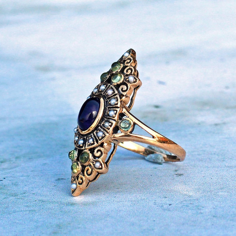 Edwardian style 9ct Gold Amethyst Peridot & Pearl Navette Ring