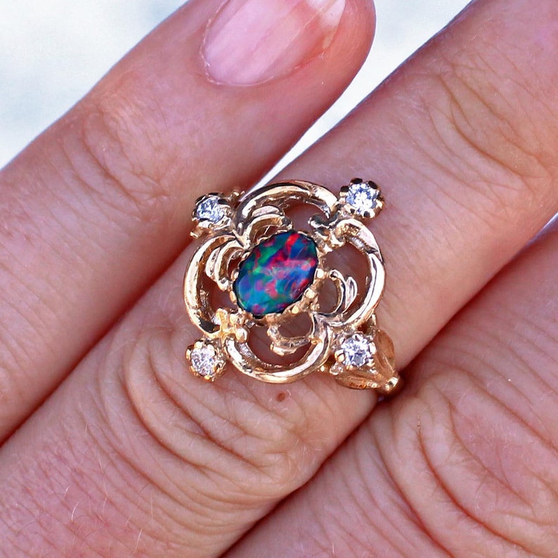 9ct Gold Black Opal & Diamond Ring