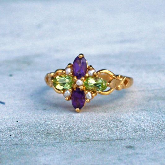 Sterling Silver Peridot Amethyst Pearl Quatrefoil Ring