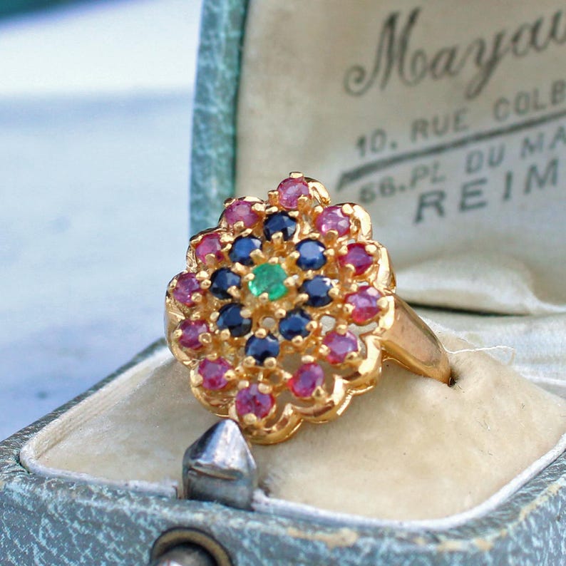 Chunky Solid Silver Ruby, Sapphire & Emerald Cluster Ring