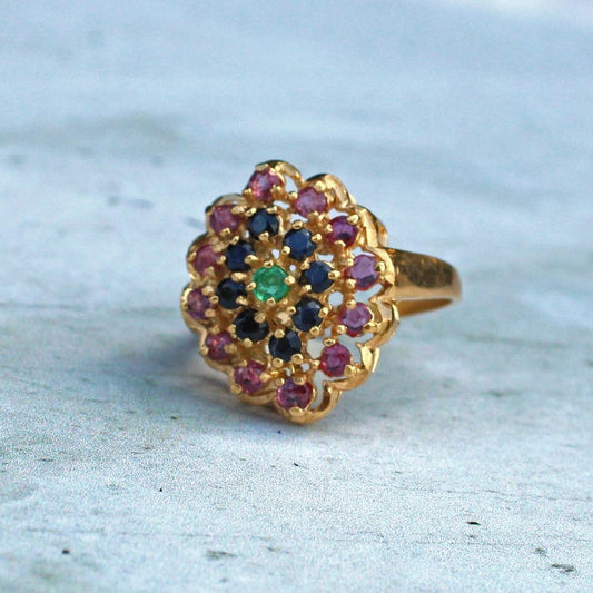 Chunky Solid Silver Ruby, Sapphire & Emerald Cluster Ring