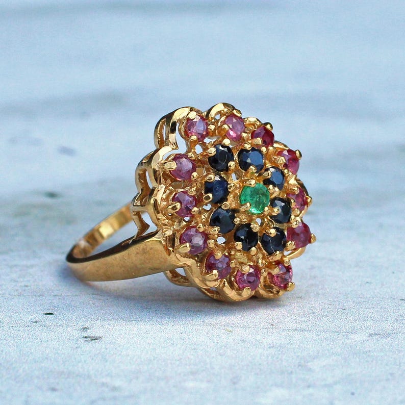Chunky Solid Silver Ruby, Sapphire & Emerald Cluster Ring