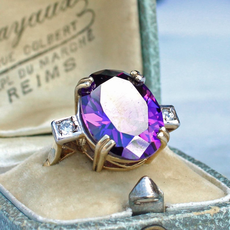 Art Deco style Solid Silver Amethyst Glass Ring