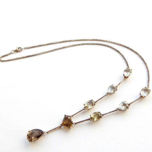 Vintage Solid Silver Citrine Aqua Smokey Quartz Gemstone Necklace