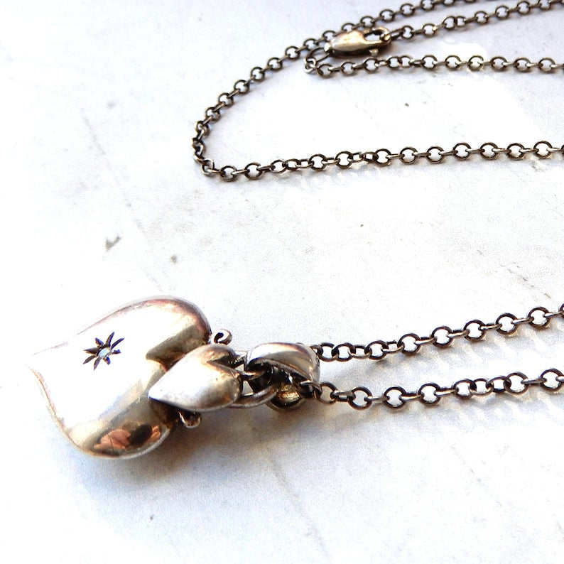 Victorian Fine Silver Diamond Heart Pendant with Chain