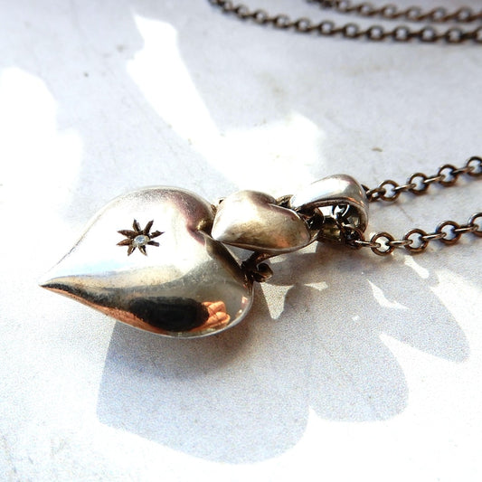 Victorian Fine Silver Diamond Heart Pendant with Chain