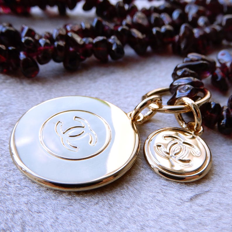 Vintage Garnet Bead Necklace with Charm 32inches