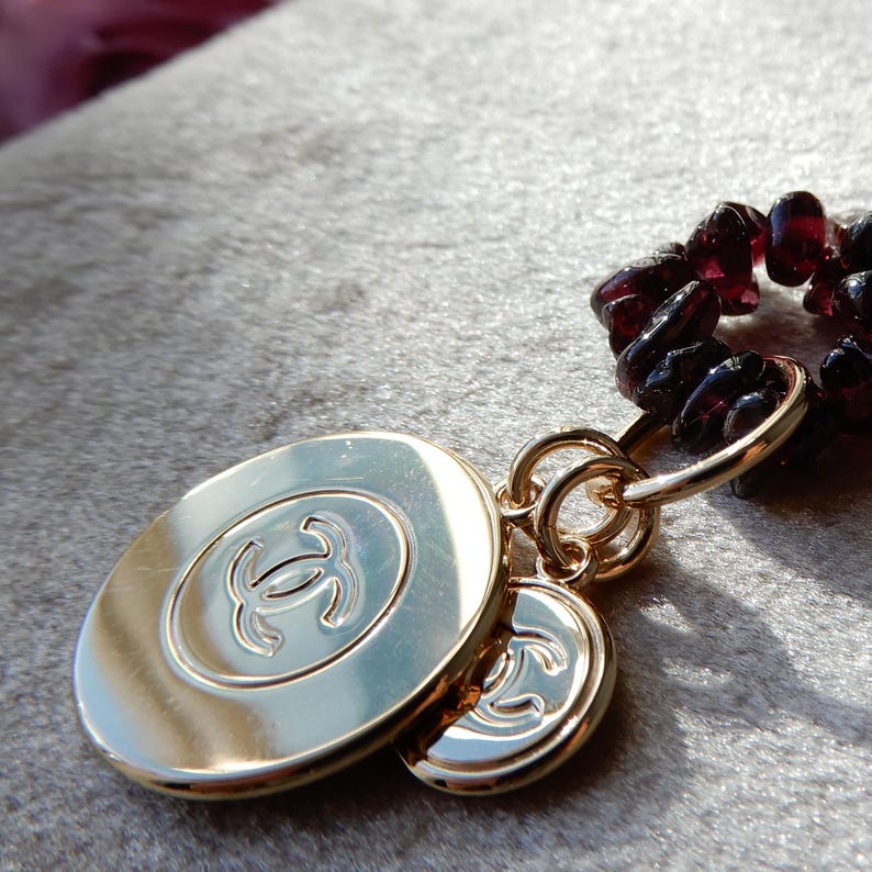Vintage Garnet Bead Necklace with Charm 32inches