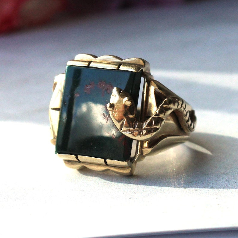 9ct Gold Bloodstone Signet Ring With Snake