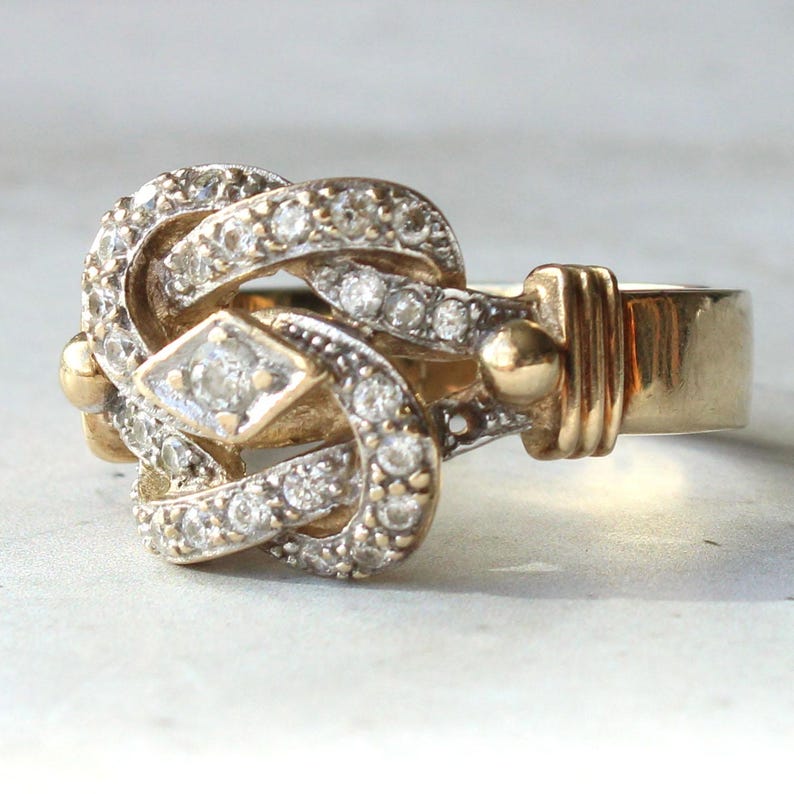 Chunky Vintage 9ct Gold CZ Lovers Knot Ring