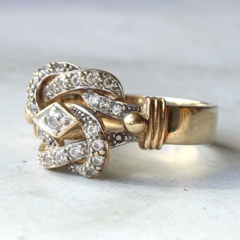 Chunky Vintage 9ct Gold CZ Lovers Knot Ring