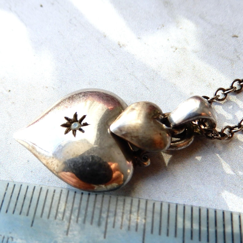 Victorian Fine Silver Diamond Heart Pendant with Chain