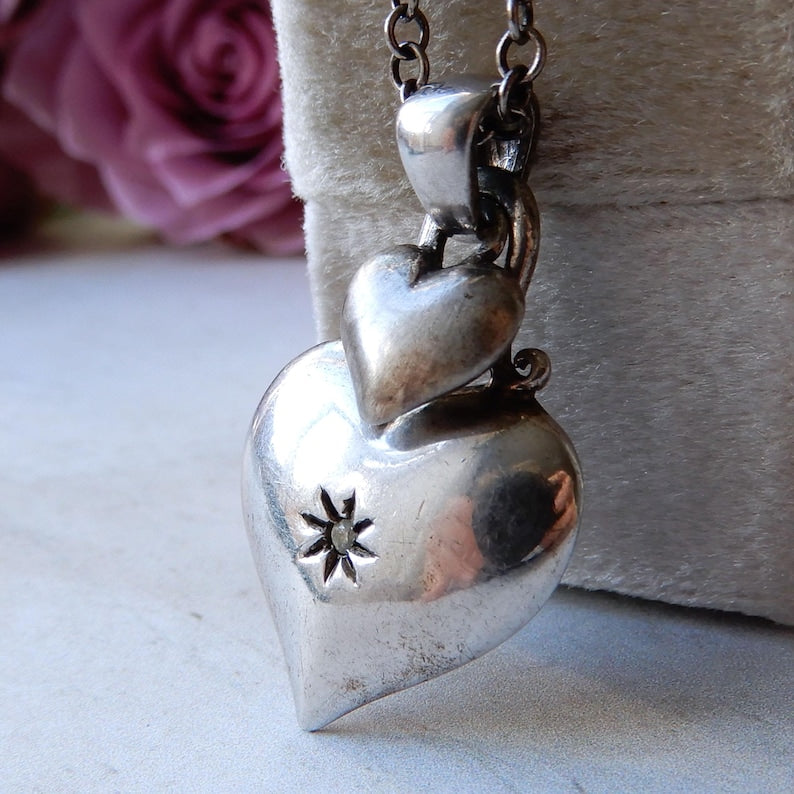 Victorian Fine Silver Diamond Heart Pendant with Chain