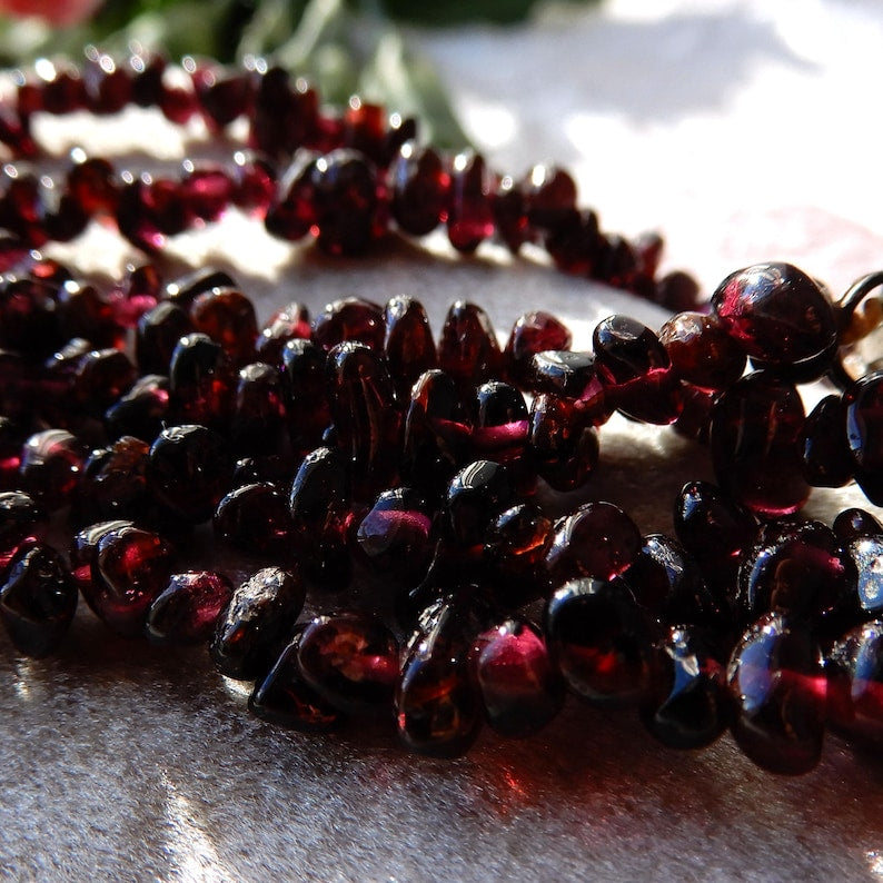 Vintage Garnet Bead Necklace with Charm 32inches