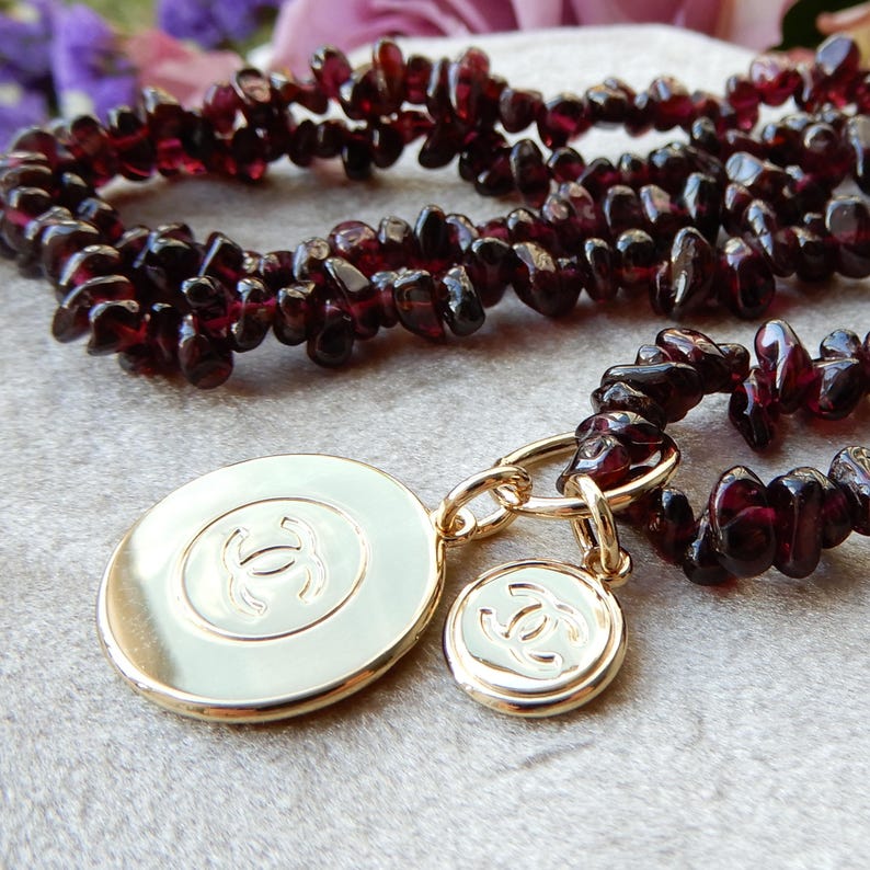 Vintage Garnet Bead Necklace with Charm 32inches