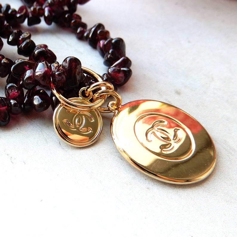 Vintage Garnet Bead Necklace with Charm 32inches