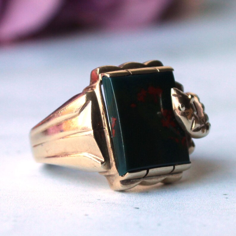 9ct Gold Bloodstone Signet Ring With Snake