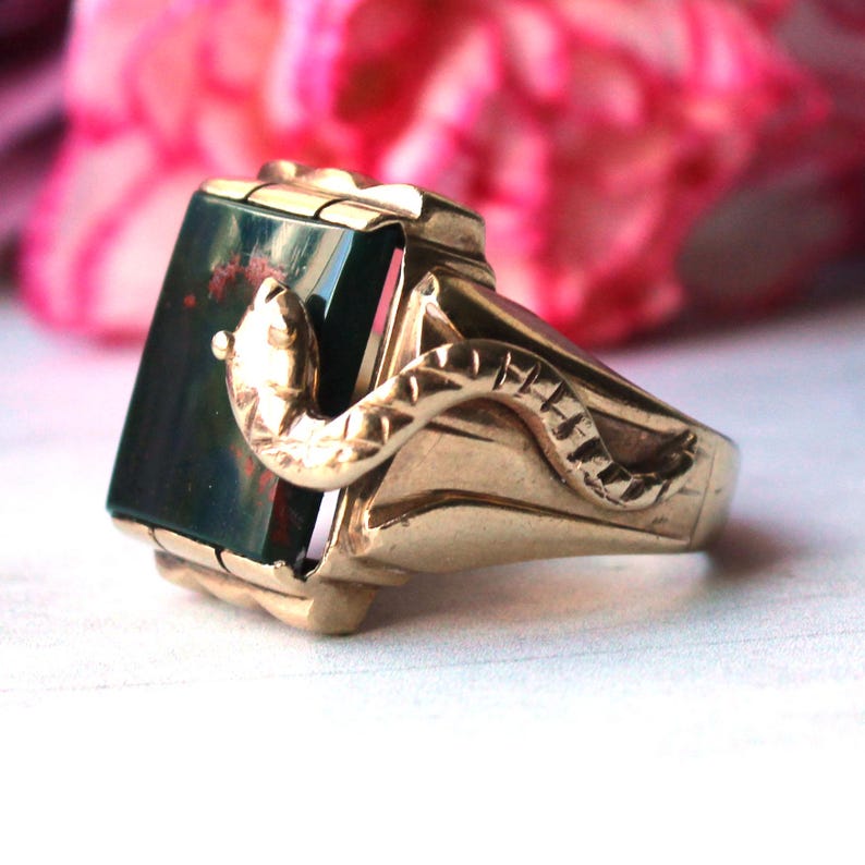 9ct Gold Bloodstone Signet Ring With Snake