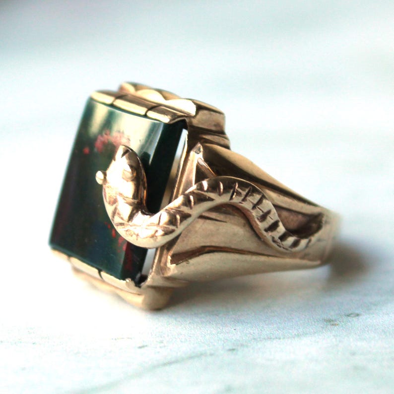 9ct Gold Bloodstone Signet Ring With Snake