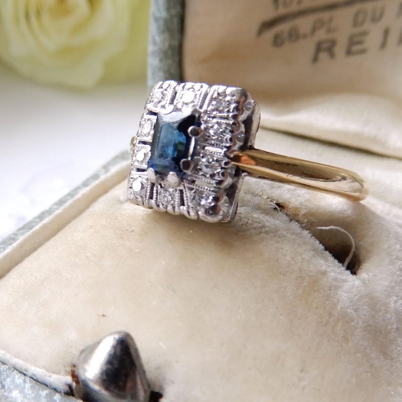 Art Deco 18ct Gold Platinum Sapphire Diamond Ring