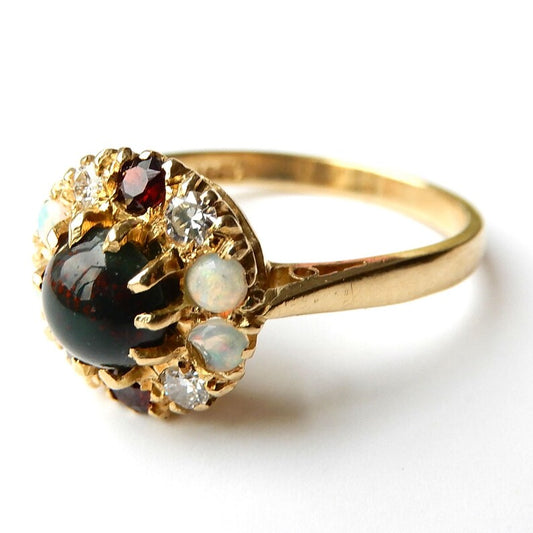 Antique 18ct Gold Multi-Gem Cluster Ring - Bloodstone Diamond Opal & Garnet