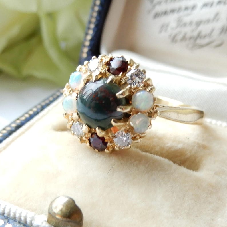 Antique 18ct Gold Multi-Gem Cluster Ring - Bloodstone Diamond Opal & Garnet
