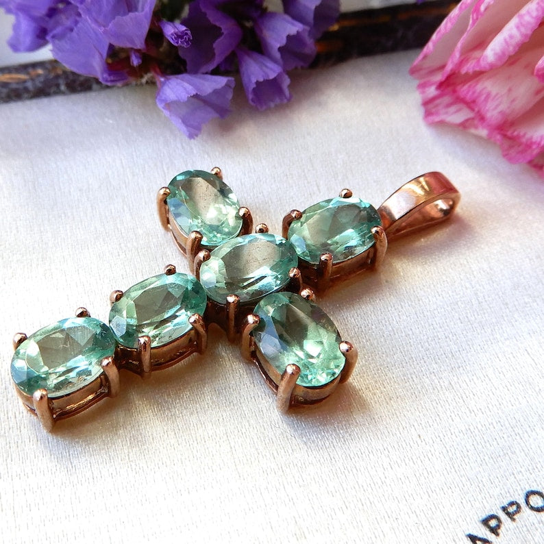 Vintage 9ct Gold Faceted Taupe Glass Cross