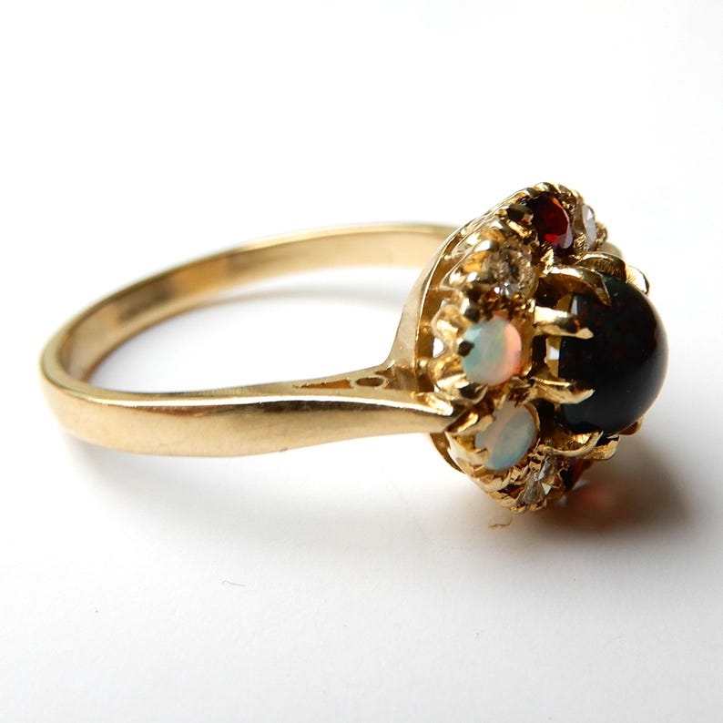 Antique 18ct Gold Multi-Gem Cluster Ring - Bloodstone Diamond Opal & Garnet