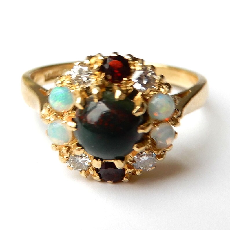 Antique 18ct Gold Multi-Gem Cluster Ring - Bloodstone Diamond Opal & Garnet