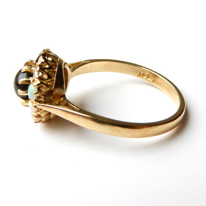 Antique 18ct Gold Multi-Gem Cluster Ring - Bloodstone Diamond Opal & Garnet